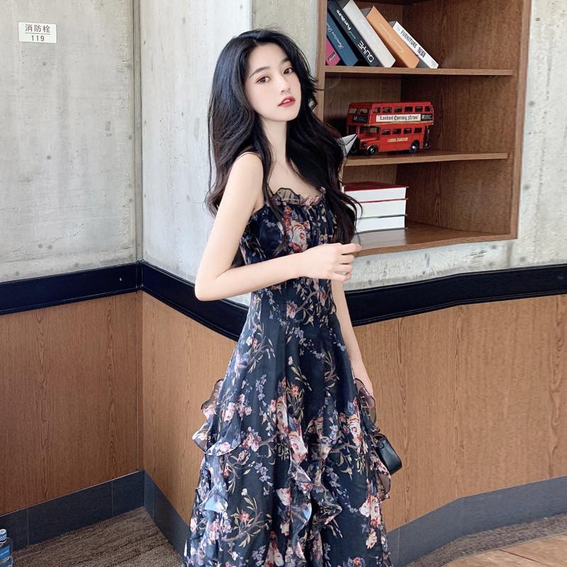 Đầm Dài Hai Dây Vải Voan Họa Tiết Hoa Phong Cách Pháp Thời Trang Mùa Hè Mới