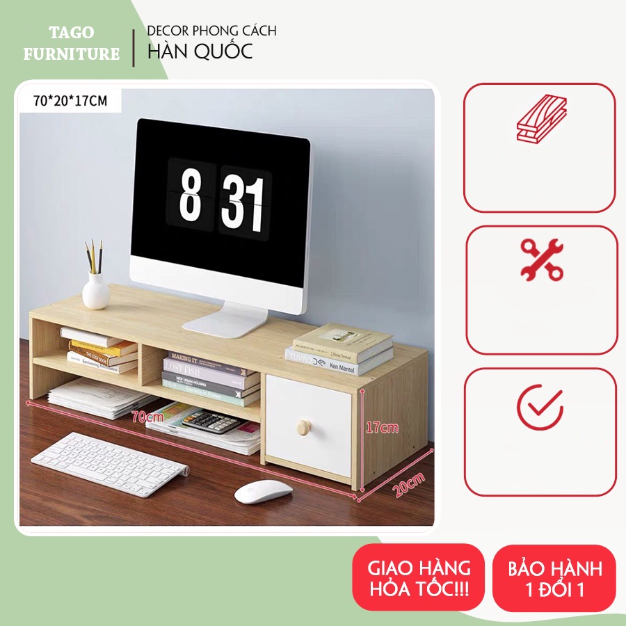 Kệ gỗ bàn làm việc, kệ kê màn hình laptop có ngăn tủ 2 tầng cải thiện tư thế ngồi 70x20x17cm TAGO ND35