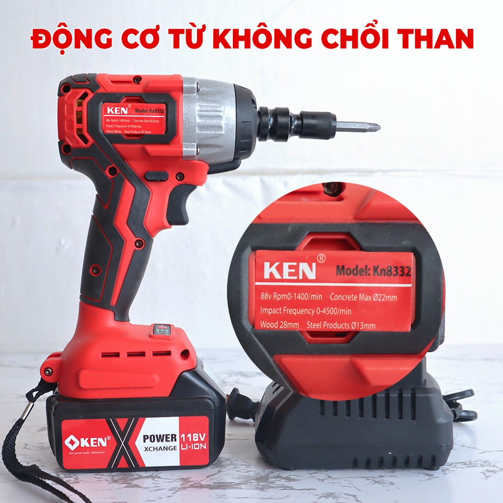 Máy Siết Bulong Ken 118V ĐẦY ĐỦ 2 PIN 10 CELL - Tặng đầu khẩu 22 - Máy vặn bu lông, máy Siết bu long , máy khoan