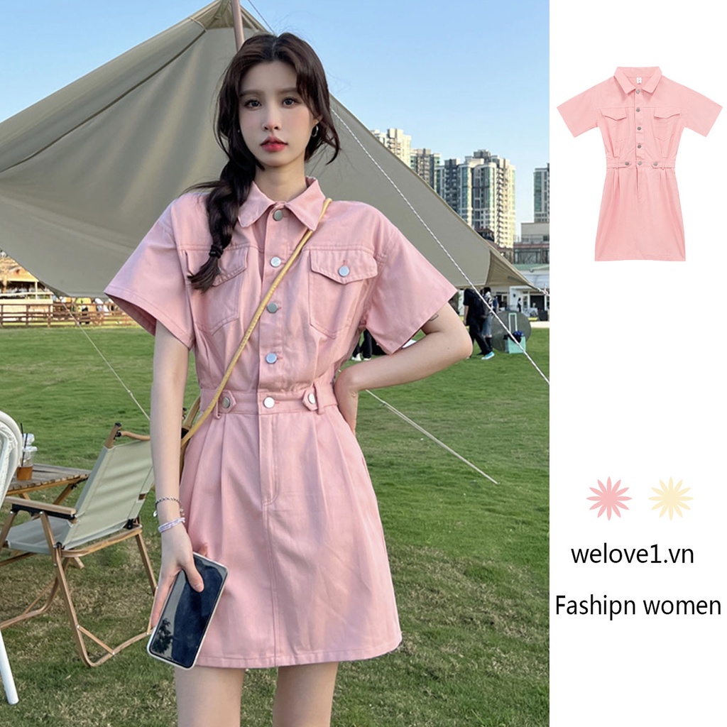 Đầm denim Tay Ngắn Cổ Sơ Mi Phong Cách Hàn Quốc Thời Trang Cho Nữ