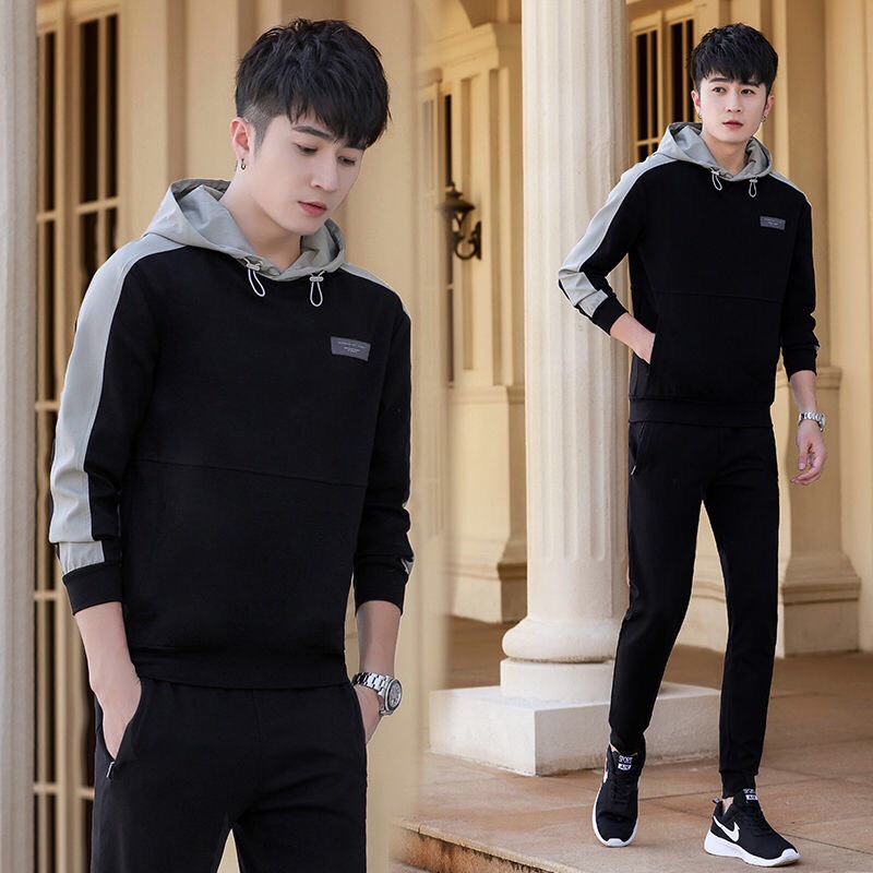 Bộ quần áo nam dài tay, bộ thu đông nam, áo hoodie và quần dài, vải nỉ da cá, đẹp, dày dặn mã T33