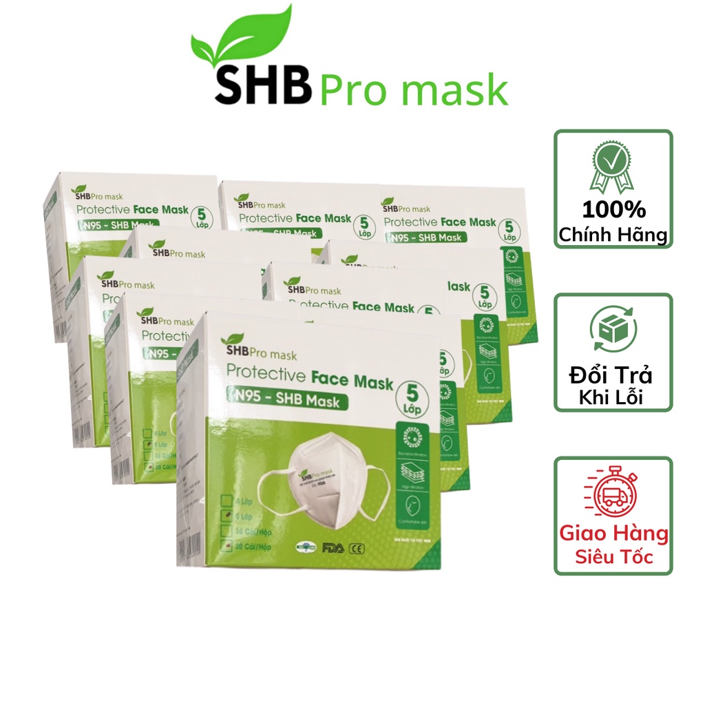 Combo 10 Hộp Khẩu Trang Y Tế 5 Lớp SHB Pro Mask N95 Kháng Khuẩn Chống Bụi Hộp 20 Chiếc