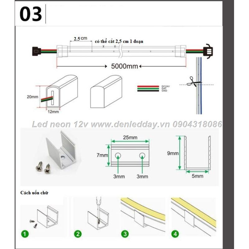 1 mét Led neon flex 12v cắt nhỏ 2,5cm uốn chữ, 6*12 mm .đủ màu dùng ngoài trời