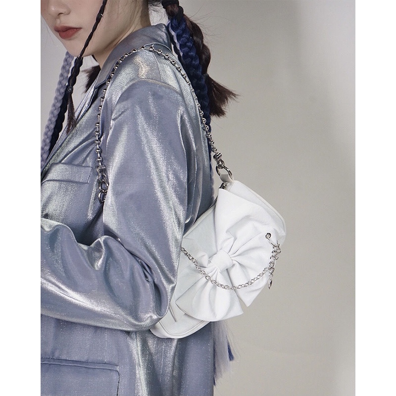 IELGY Túi đeo dưới cánh tay đính nơ phối chuỗi dây xích thời trang dành cho phái nữ