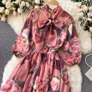 Váy maxi xòe hoa tiểu thư thắt nơ bồng bềnh voan xinh xắn dễ thương