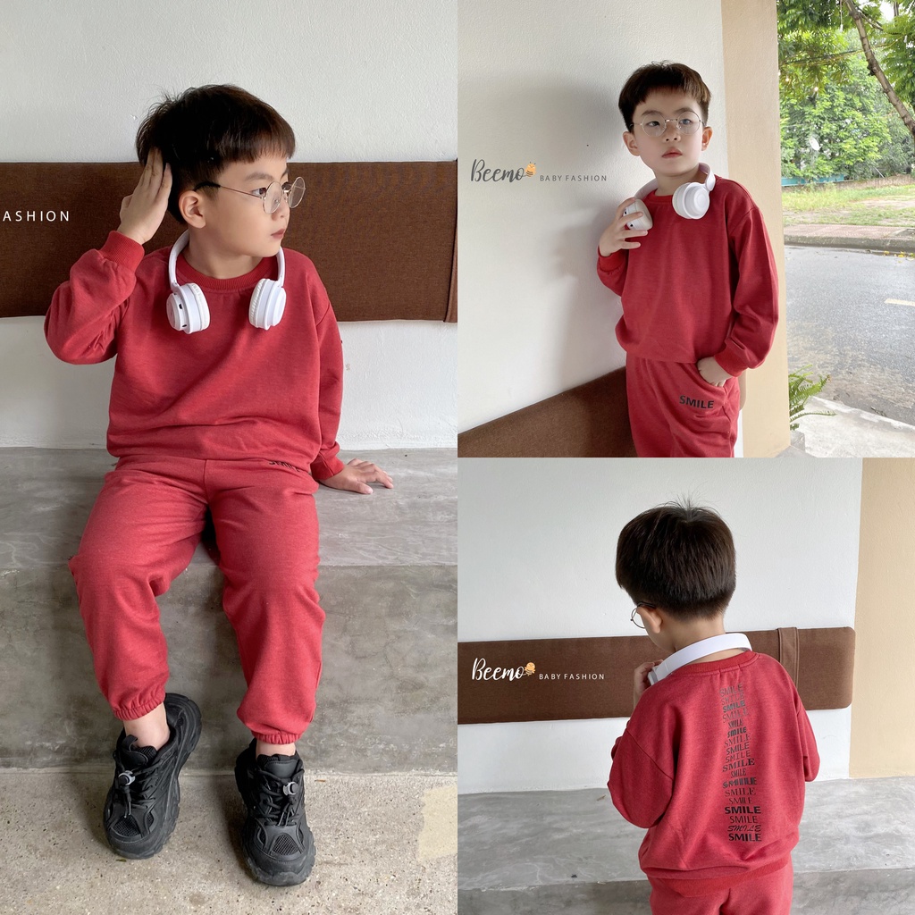Bộ nỉ bông bé trai hoạ tiết chữ SMILE bo gấu siêu chất, chất mềm mại dày dặn giữ ấm tốt cho bé
