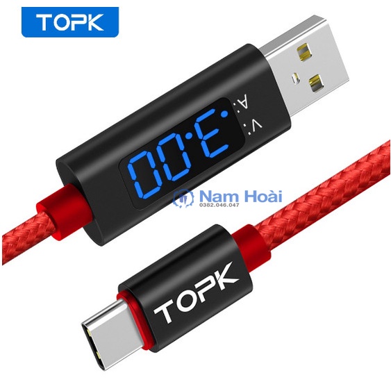 Dây sạc IPType-C Micro USB TOPK AC27-Sạc nhanh 3A-Màn hình LED-Hàng TOPK