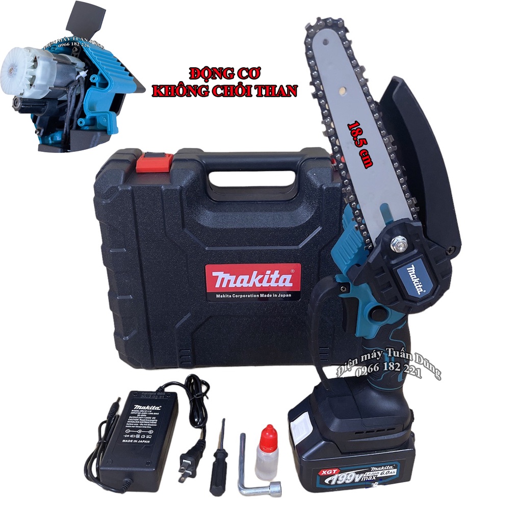 Máy cưa xích chạy pin Thương hiệu Makita 199V ĐỘNG CƠ KHÔNG CHỔI THAN Dụng cụ cần thiết cho gia đình tỉa cành cắt cây