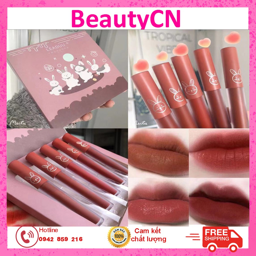 Set 5 son kem lì Leaduu Thỏ- Set 5 Cây Son Nhung Kem lì- Set Son Mềm Mịn Đẹp Hken Set 3 Son Herorang