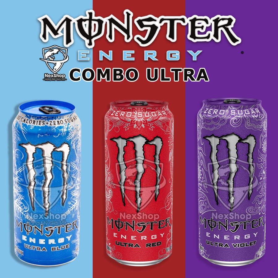 COMBO Set 3 Lon Monster Blue/ Red/ Black Ultra Không Đường 473ml Mỹ