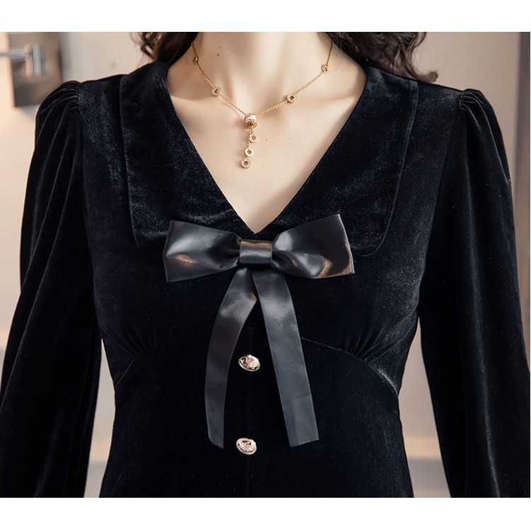 [SALE CHÀO HÈ] Váy nhung cổ chữ V có lót trong đính nơ lụa đen siêu sang chảnh | BigBuy360 - bigbuy360.vn