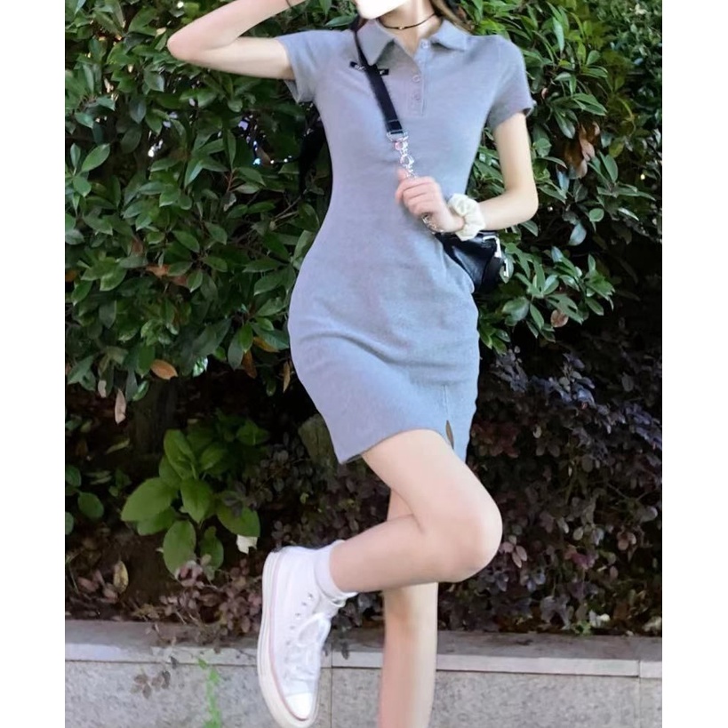 AMOI Đầm Ngắn Cổ Polo Xẻ Tà Dáng Ôm Thời Trang Mùa Hè Quyến Rũ Cho Nữ
