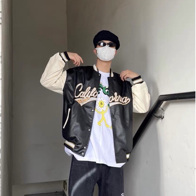 Áo Khoác Da Varsity Jacket Unisex From Rộng 2 Lớp Hình Thêu 100%