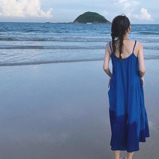 Phong Cách Pháp Klein Xanh Sling Đầm Đi Biển Kỳ Nghỉ Đầm Mùa Hè Mỏng Hơn Nhìn Nhỏ Dài Đầm Du Lịch Đi Biển