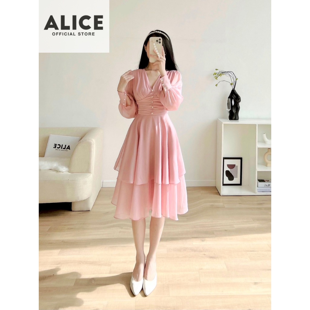 Váy Dự Tiệc Cổ V ALICE Thiết Kế Chiết Ly Eo Tôn Dáng, Chất Liệu Tơ Lụa Ánh Nhũ Mềm Mịn Sang Trọng V767