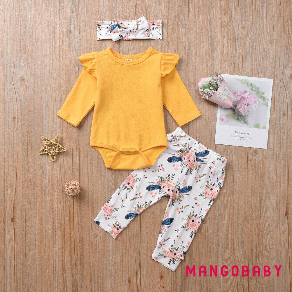 Bộ Trang Phục 3 Món Áo Liền Quần Tay Dài Màu Trơn + Quần Dài In Hoa Dễ Thương Cho Bé Gái Sơ Sinh