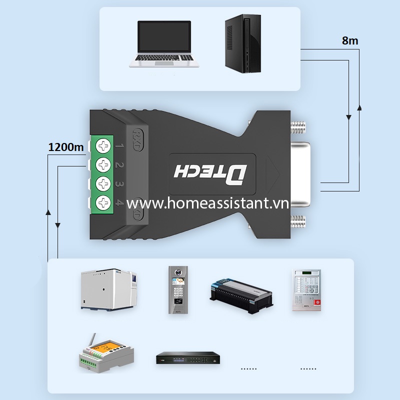 Bộ Chuyển Đổi RS232 To RS485 RS422 Modbus DB9 DTECH DT9001  Hass PLC chuẩn công nghiệp