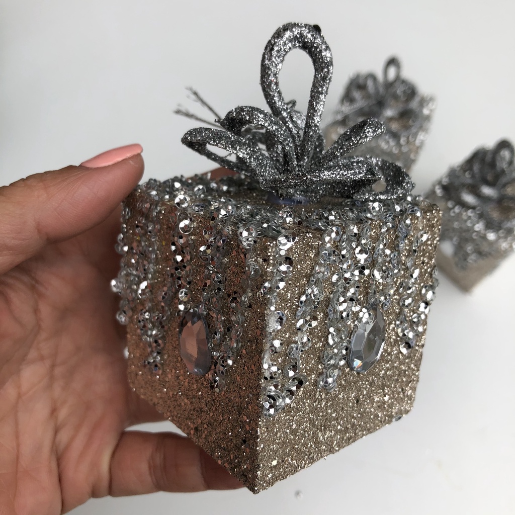 Combo 3 quả châu vuông cao cấp hình hộp quà treo cây thông Noel trang trí Giáng sinh