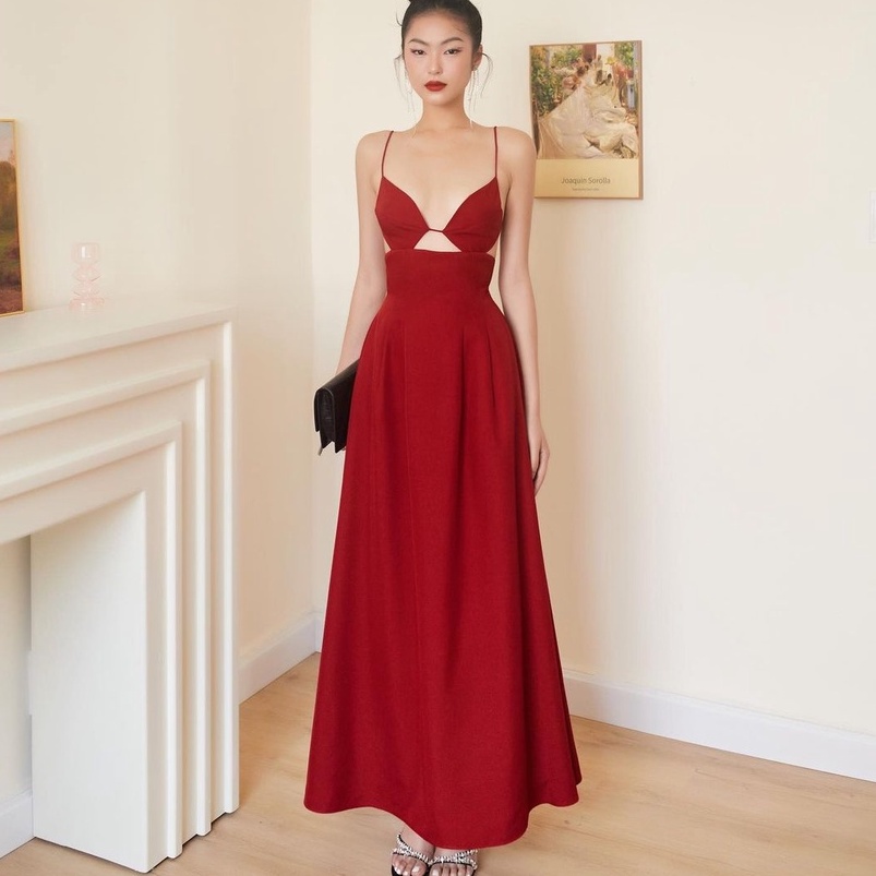 Đầm đỏ cut-out eo gợi cảm dáng dài Thái Nhạn | ONON MADE