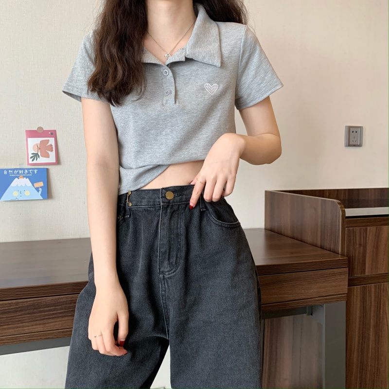 Áo thun lửng SUXI tay ngắn màu trơn họa tiết thêu đơn giản phong cách Hàn Quốc thời trang mùa hè dành cho nữ