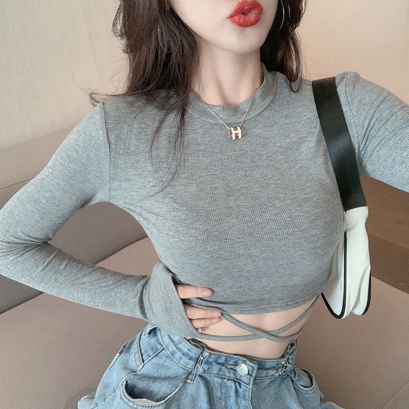 Áo Croptop Dài Tay Dây Quấn Chất Thun Gân - C07