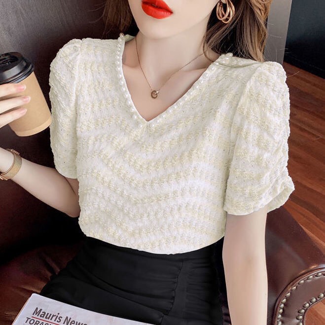 Áo sơ mi ngắn tay nữ cổ chữ V đính hạt ngọc cao cấp mùa hè 2021 | BigBuy360 - bigbuy360.vn