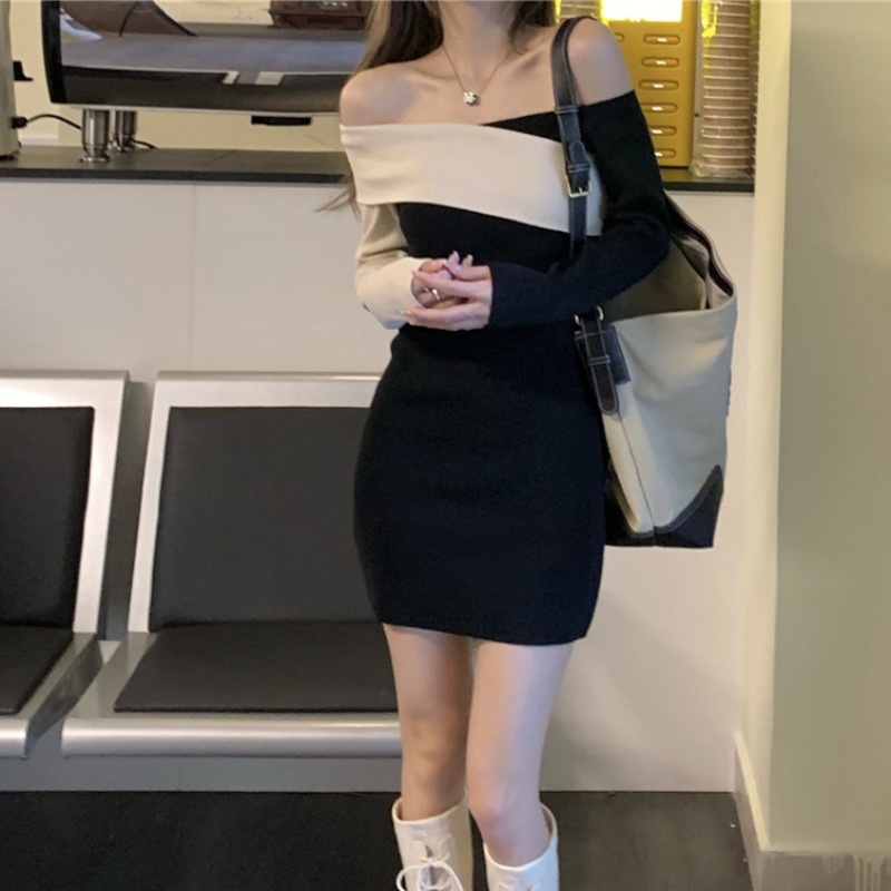 Đầm len ôm body sexy trễ vai tay dài sang chảnh dáng ngắn Thiết kế Váy đen ôm body ngắn Hàn Quốc Dài tay