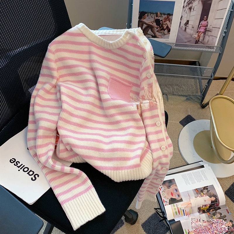 Áo Sweater Dệt Kim Dáng Rộng Họa Tiết Kẻ Sọc Màu Hồng Thời Trang Xuân Thu Phong Cách Hàn Quốc Mới
