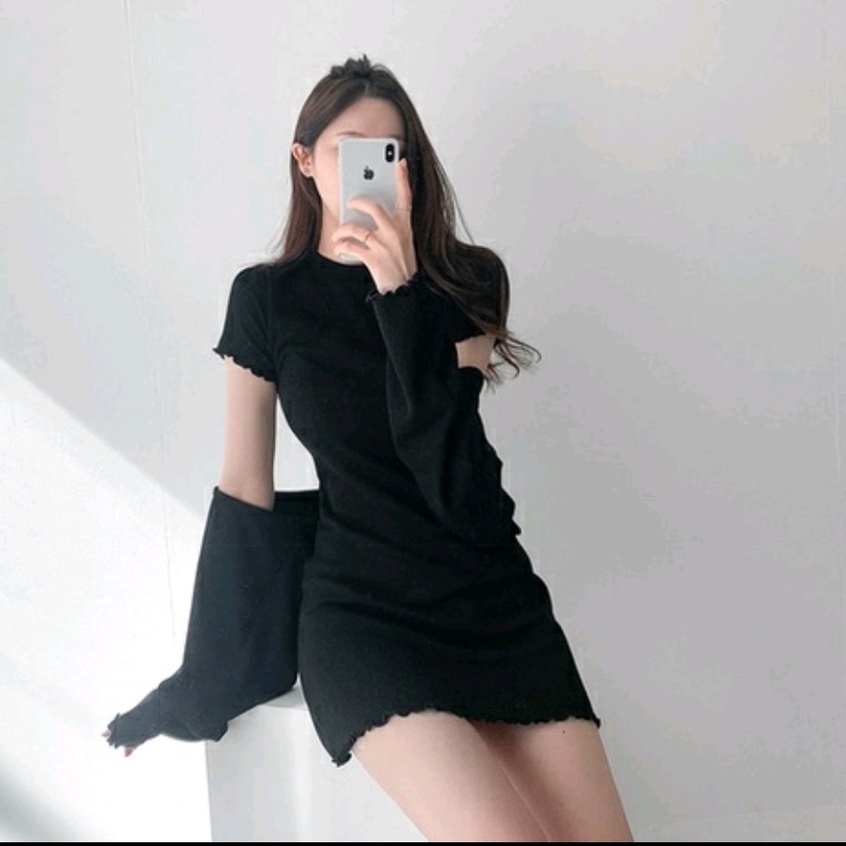 Đầm Nữ Body Đen Viền Bèo 🦋 Váy Nữ Ôm Chất Thun Gân Dáng Ngắn 🦋