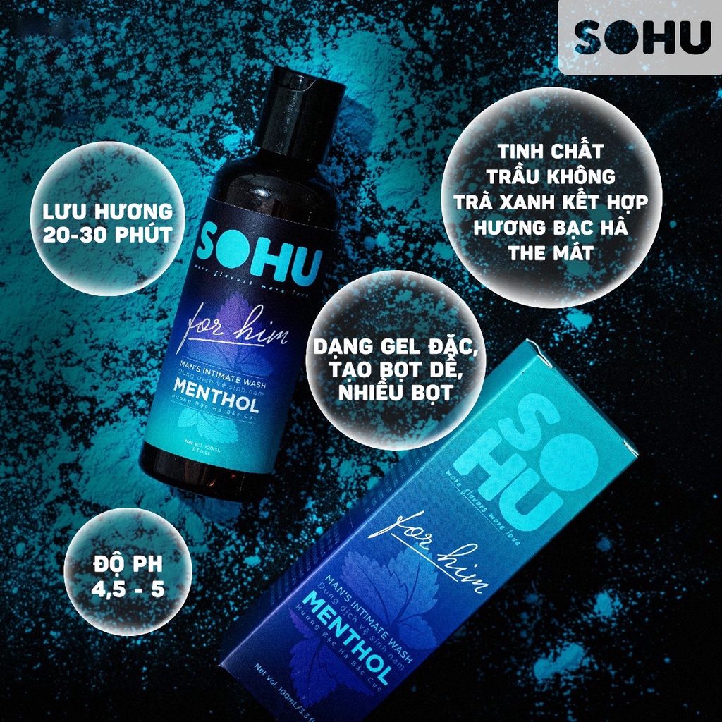 Dung dịch vệ sinh nam bạc hà bắc cực, táo bạc hà, chocolate SOHU HCM the mát khử mùi tự nhiên lành tính chai 100ml