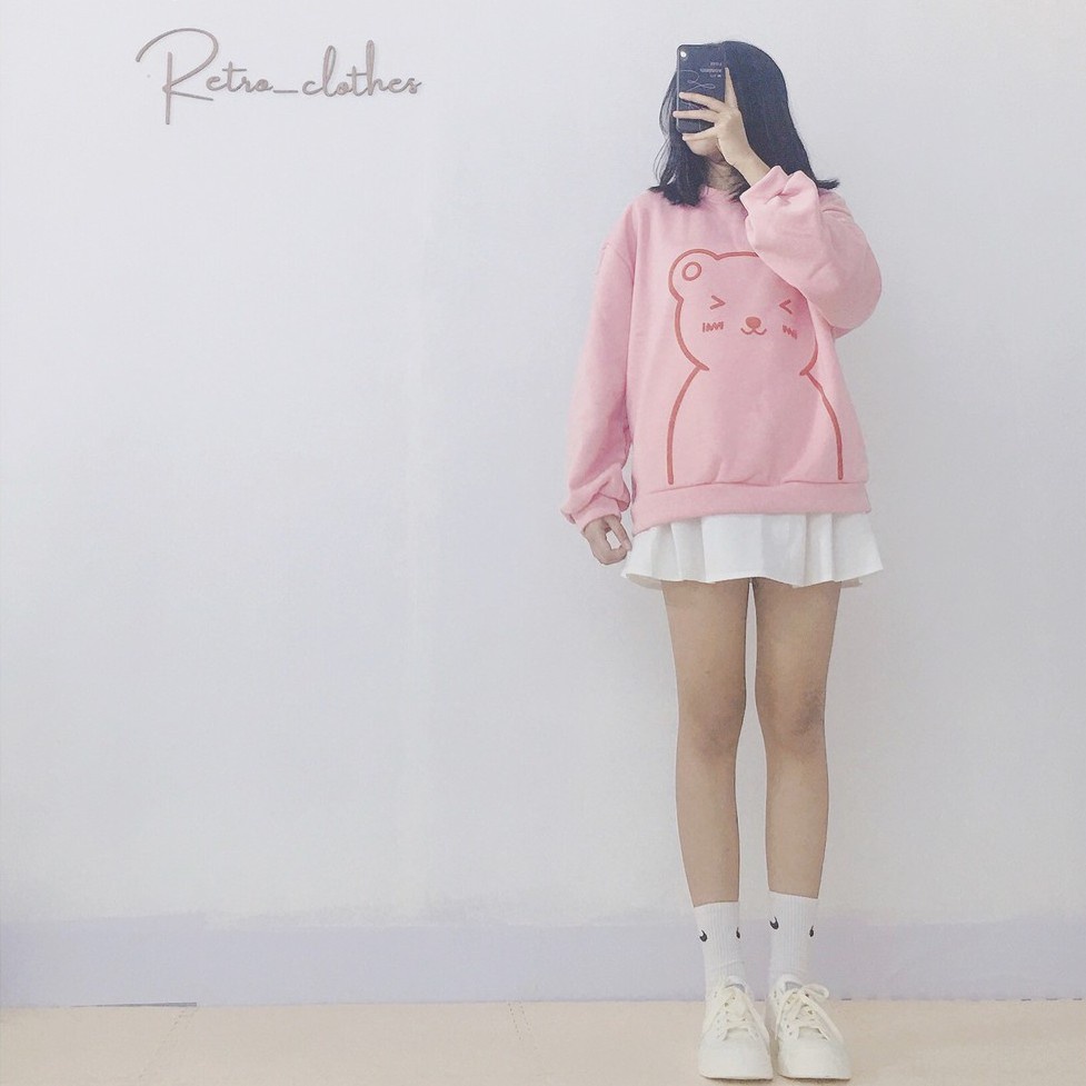 🍂 [Ảnh thật/Tự chụp] Áo hoodie nữ hình gấu form rộng màu hồng nỉ bông cute dễ thương | BigBuy360 - bigbuy360.vn