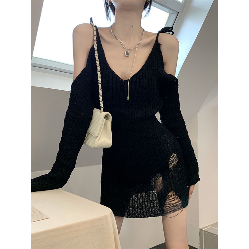 Đầm Chữ a Dệt Kim Mỏng Tay Dài Cổ Chữ v Màu Đen Chống Nắng Mùa Hè Cho Nữ