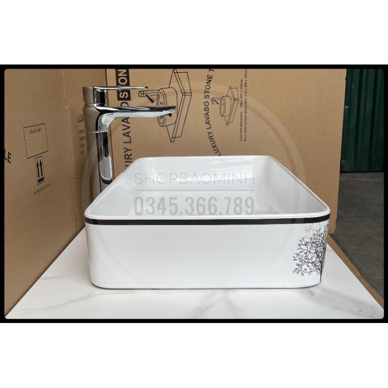 Lavabo chữ nhật đặt bàn hoa văn cao cấp (KT 62x33cm)