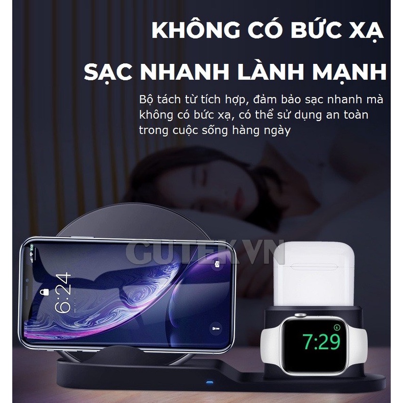 Đế sạc không dây 3 trong 1 sạc nhanh 10w cho IP smart watch tai nghe bluetooth aripods - Gutek BXD-08A
