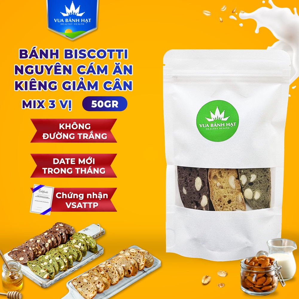 Bánh Biscotti Nguyên Cám Ăn Kiêng Giảm Cân Mix 3 Vị 50g bếp nhà Vua Bánh Hạt