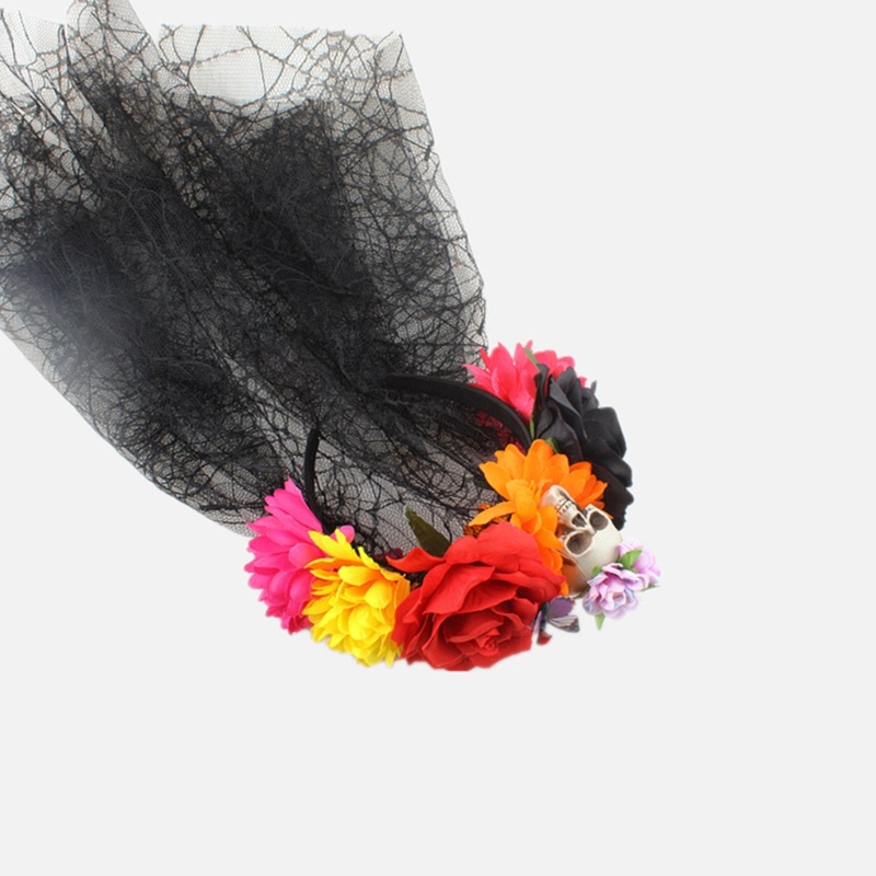 Băng Đô Cài Tóc Màu Đen Đính Mạng Che Mặt Đầu Lâu Hoa Cho Nữ