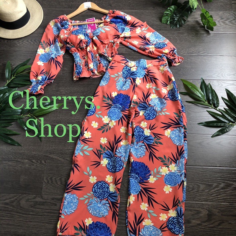 set đồ bộ lụa hoa tiểu thư áo thun dún quần ống rộng fom dưới 55 siêu hot
