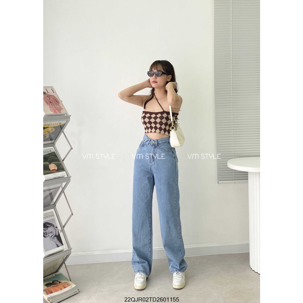 Quần jean ống rộng VM STYLE lưng cao phối 1 túi nhỏ, quần bò nữ cạp cao ống suông đứng ullzang Hàn Quốc 22QJR02TD2601