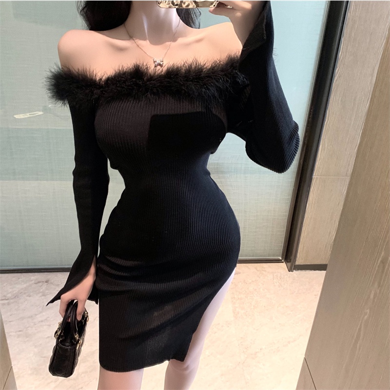 Đầm Dệt Kim Dáng Ôm Phối Lông Thời Trang Quyến Rũ Cho Nữ