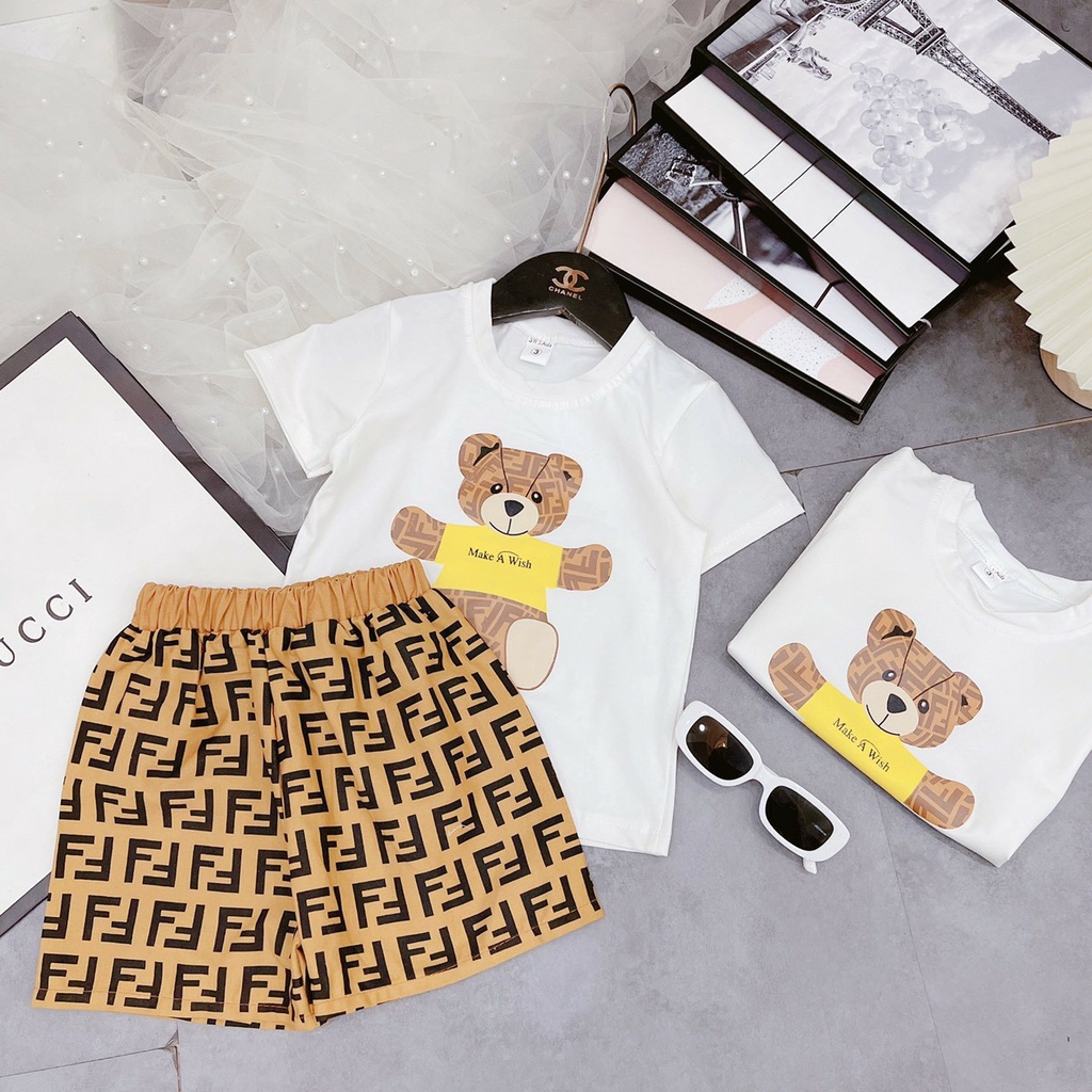 Bộ quần áo bé trai, Set áo phông ngắn tay hình gấu và quần đùi short chữ F du lịch mùa hè cho bé 7 - 18 kg, SUN KID'S