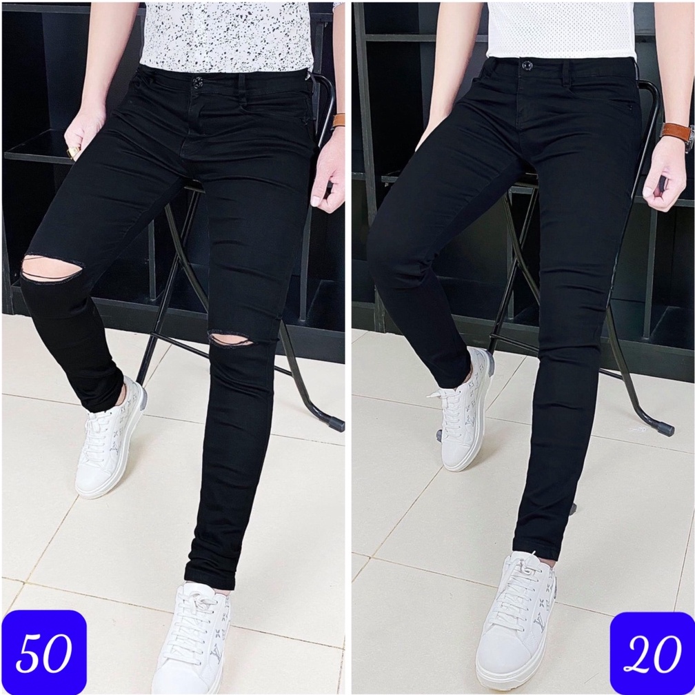 Quần jean nam đen rách gối chất bò cao cấp co dãn 4 chiều cực đẹp, quần rin nam màu đen trơn không rách đẹp Annhien01