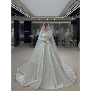 (video ảnh thật)váy cưới satin có thể mặc với tùng phồng to sang trọng. Thiết kế cổ vuông tay dài, váy đi bàn dress 47