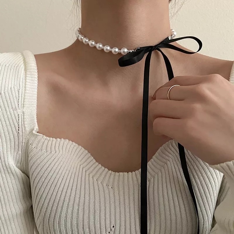 vòng cổ chocker cao cấp đính hạt ngọc đeo được nhiều kiểu mã Th016458