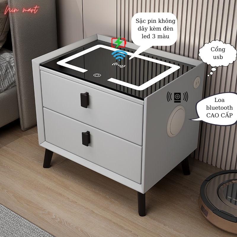 Tủ Đầu Giường, Táp Đầu Giường Thông Minh Có Sặc Điện Thoại , Đèn Led 2 màu Loa Bluetooth Bọc Da