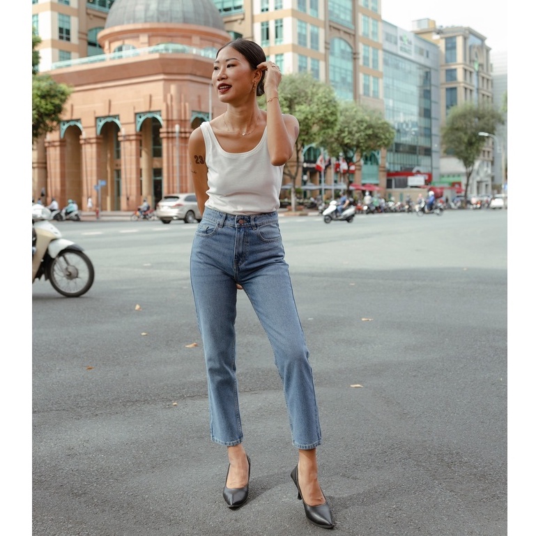 Quần Jeans Lưng Cao Nữ - Momfit Aqua Blue - Hashtagem ( Mã MFJ - 02B )