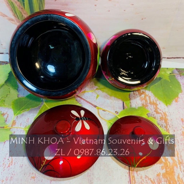Chén Bát Hũ Đựng Bánh Kẹo Sơn Mài Hoa Sen Vẽ Tay 12 - 14 - 16 Cm