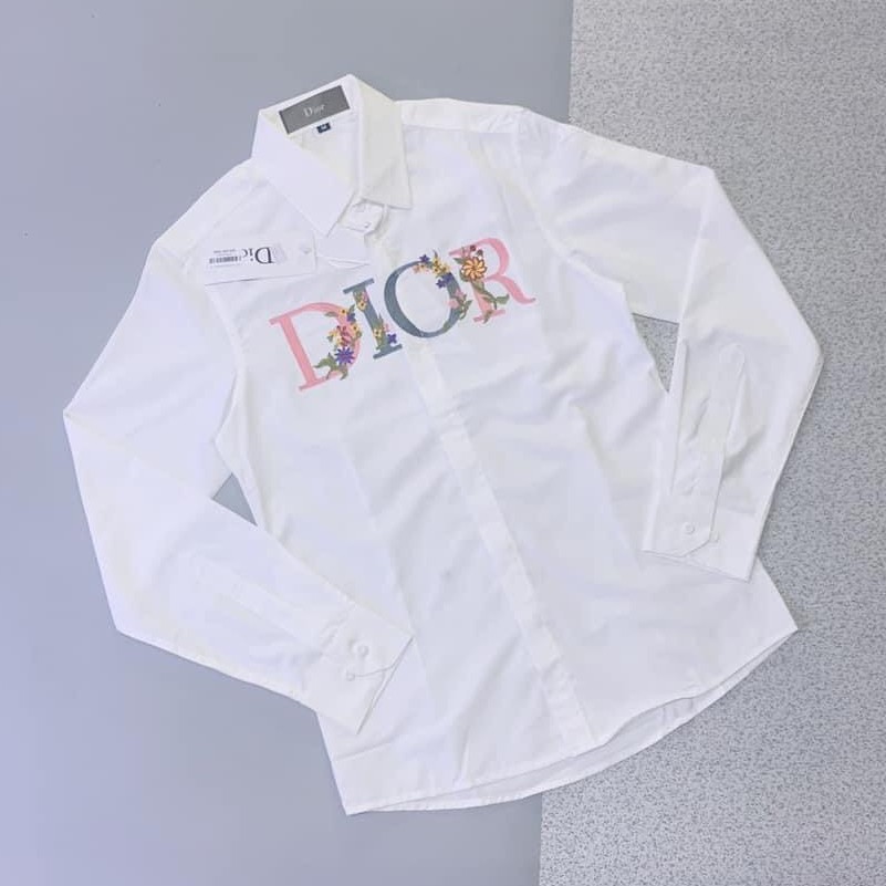 Áo sơ mi nam nữ Áo sơ mi dài tay Dior logo thêu hoa, chất Lụa mềm mịn