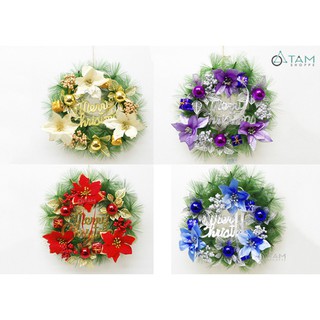 Vòng nguyệt quế Noel 3 hoa trạng nguyên Merry ĐK 30cm X-VNGQ-14 TTTM