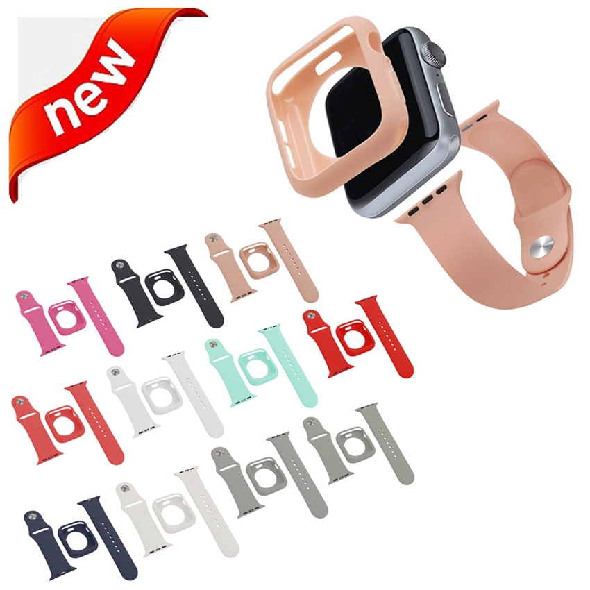 Bộ Dây Đeo + Ốp Bảo Vệ Bằng Silicone Mềm 2 Trong 1 Cho Đồng Hồ Thông Minh Apple Watch 44mm 40mm 42mm 38mm Series 7 6 SE 5 4 3 2 1