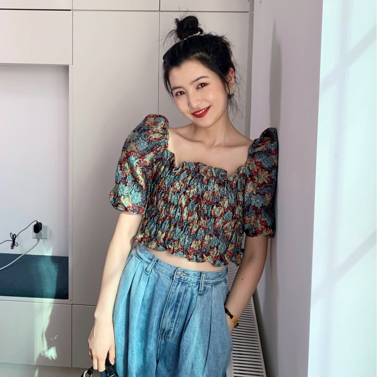 Áo Kiểu Trễ Vai Chất Chiffon Hoạ Tiết Hoa Phong Cách Retro